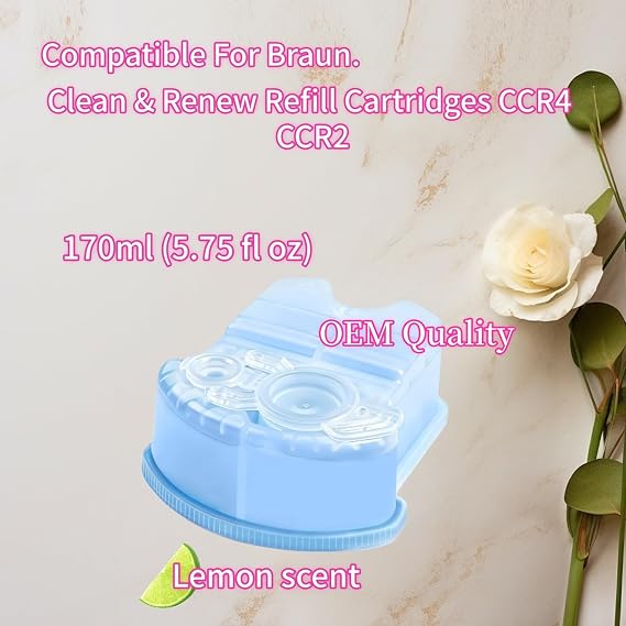 Compatible For Braun. (Pack Of 2 Or Pack Of 4) Clean & Renew Refill Cartridges CCR2 CCR4, Cleans Your Shaver For Optimal Hygiene, Removes Residual Hair & Skin Particles, Lemon Scent
