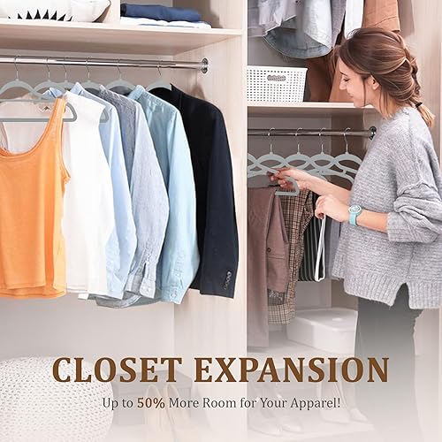 Miniatura 6 de Perchas de terciopelo color negro, paquete de 50 con 10 perchas de plástico adicionales, resistentes y antideslizantes, para colgar ropa para