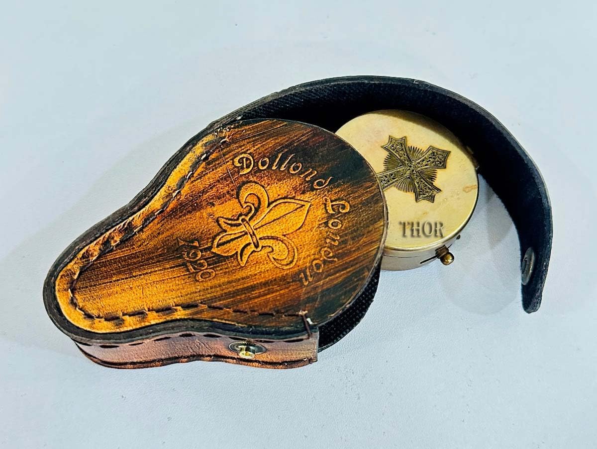 Antique Chain Compass for Hiking Nautical Brass Pocket with Engraved On Leather Case