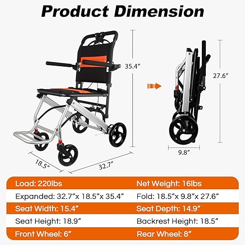 Miniatura 2 de Silla de ruedas ultraligera de transporte  Silla de ruedas portátil plegable con freno de mano  Carros para viajes en avión de edad avanzada con