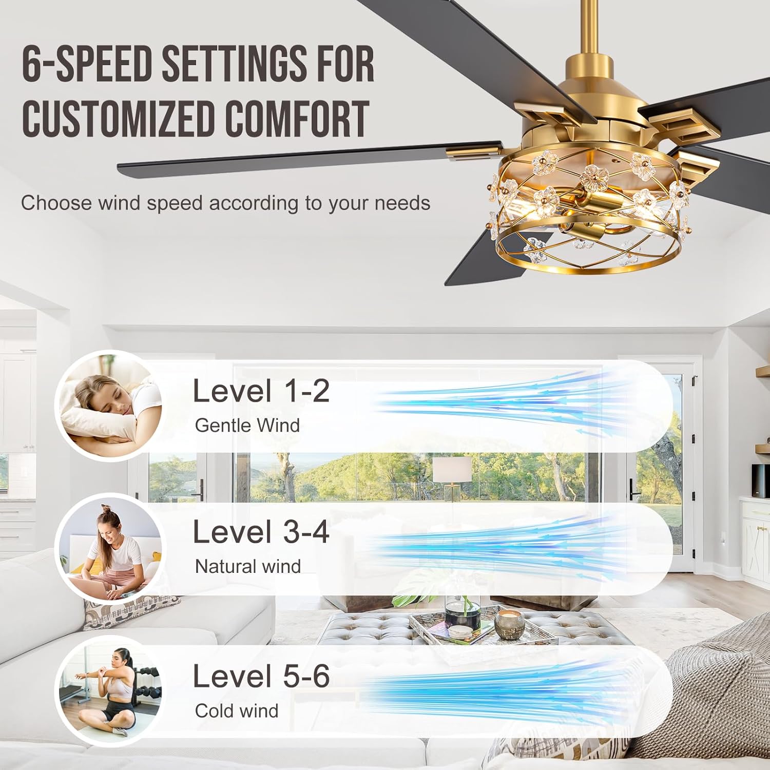 ZYD 52 Inch Chandelier Ceiling Fans, Farmhouse Crystal Ceiling Fans with Lights and Remote, Fandelier Ceiling Fan for Bedroom Living Room,Quiet DC Motor, 6 Speed Reversible Motor