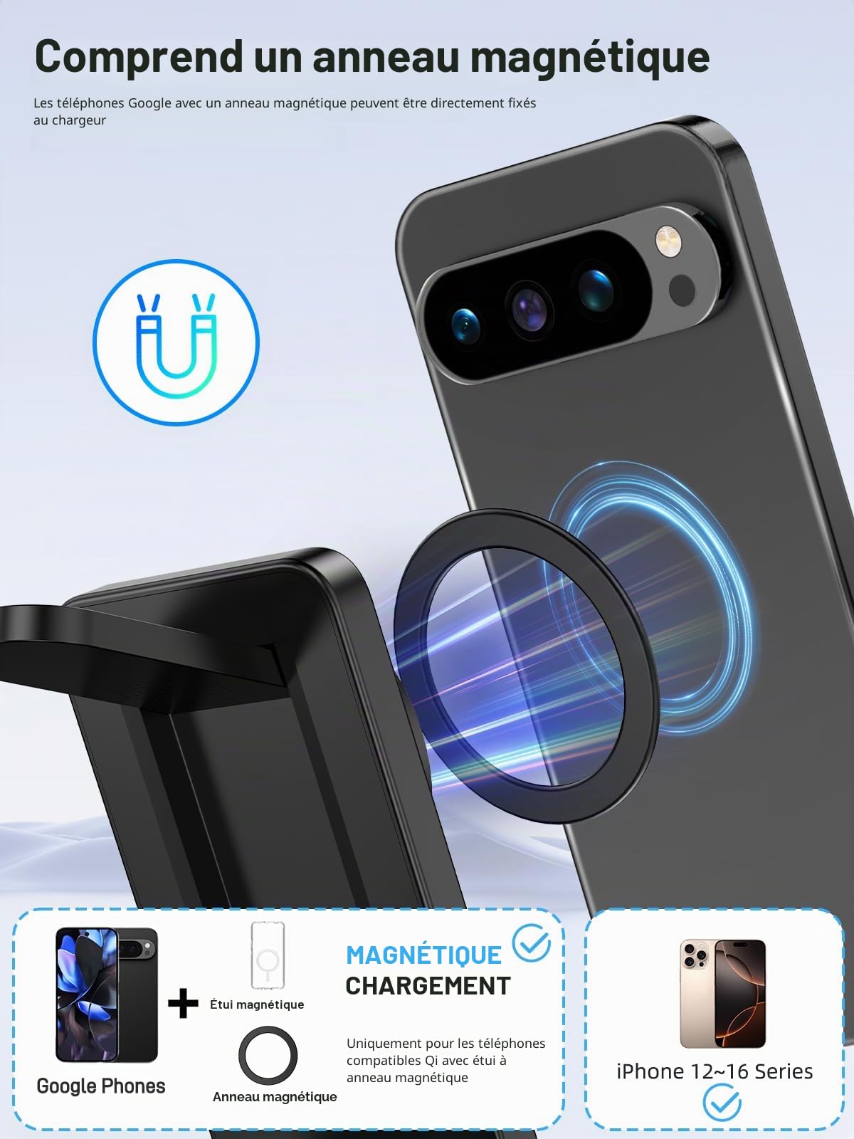 Chargeur Induction Magnétique pour Google Watch 3/2, Station de Charge Magnétique pour Pixel 10/9 Pro XL/9/8a/8, Pliable 3 en 1 Chargeur sans Fil pour Google Buds Pro 2 (Non pour Pixel Watch 4/1)