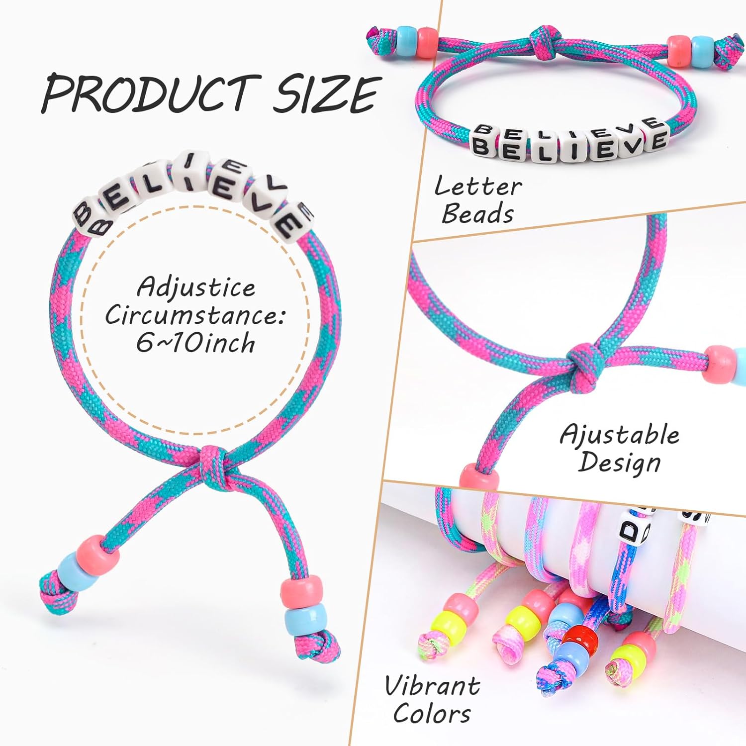 9pcs Friendship Bracelets for Girls Kids Jewelry Women Motivational Wristband, Rainbow Letter Adjustable Woven Toddlers Bracelets Bulk Dress Pretend Play Toy Bag Princess Birthday Party Favors - Image 3