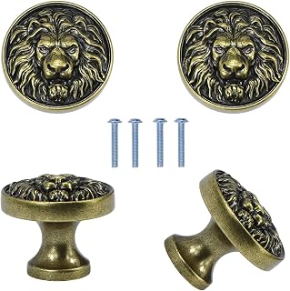 4 Pcs Lion Head Cabinet Knobs Animal Drawer Pulls (Green Bronze) | Zinc Alloy Handles, Vintage Antique Gold Pulls,Copper Door Knobs with Screws,Round Single Hole for Kitchen Cupboard Dresser