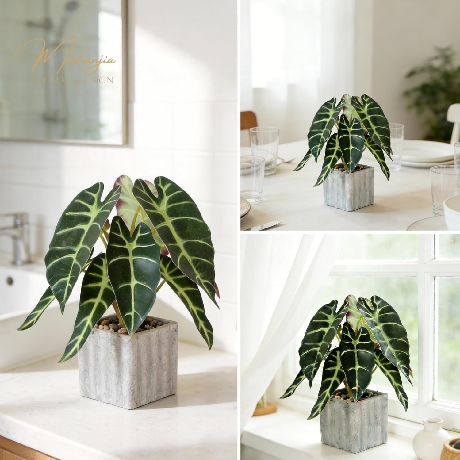 Artificial Potted Plant, Lifelike Faux Greenery in Decorative Cement-Look Square Pot for Indoor Home Decor Centerpieces (Alocasia) - Image 6