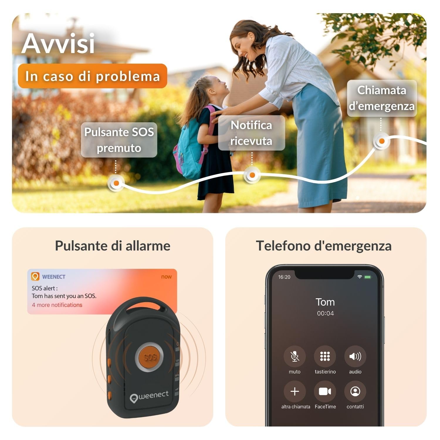 Weenect - GPS per bambini | Senza limiti di distanza | 7 giorni di autonomia | Pulsante di allarme | Telefono di emergenza | 2G | Funziona con abbonamento