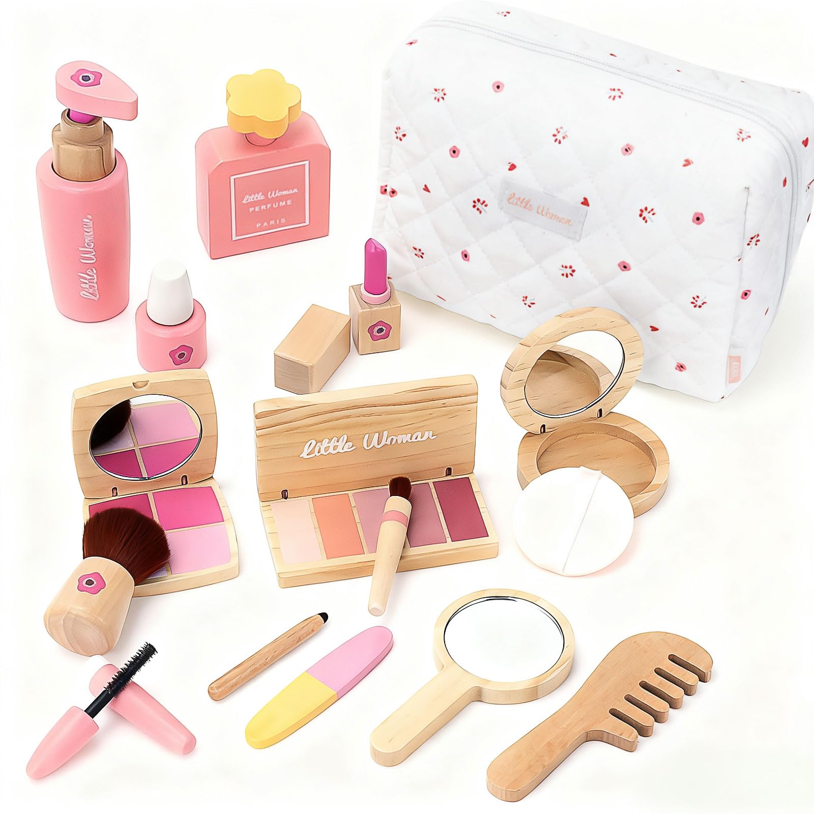 Holz Kinderschminke Set für Mädchen, 15-teiliges Kinder Schminkset aus Holz, Kosmetik Makeup Spielzeug Rollenspiel Prinzessin Schminkkoffer Geschenk ab 3 Jahren