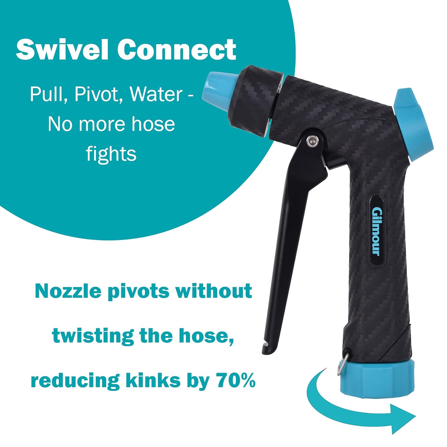 Gilmour Adjustable Front Control Hose Nozzle, Graphite Metal, Swivel Connect, Leak-Free Trigger, Ergonomic Grip, Jet-to-Rinse Spray Head