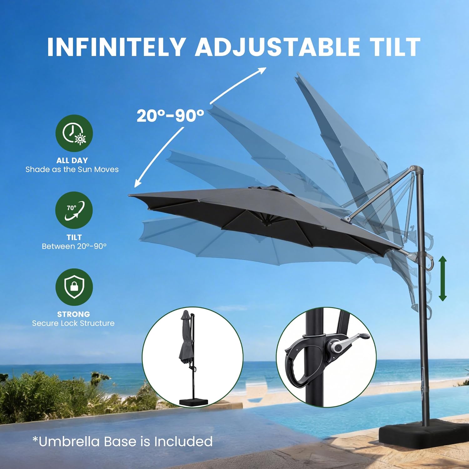 OLILAWN 10ft Patio Umbrella with Base Included, Large Cantilever Outdoor Umbrella with 360°Rotation & Infinite Tilt, Heavy-Duty Frame for Deck, Pool, Backyard, Garden, Charcoal