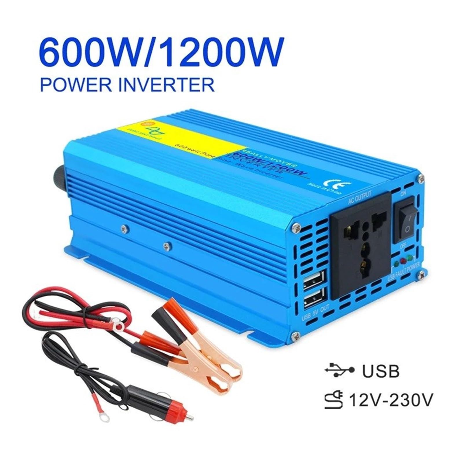 Convertidor Inversor Transformador Inversor De Potencia De Onda Sinusoidal Pura De 1000 W A 4000 W, Convertidor De CC 12 V/24 V A CA 220 V/60 Hz con Puertos De Carga USB.(1200W-12V-60hz-UN)