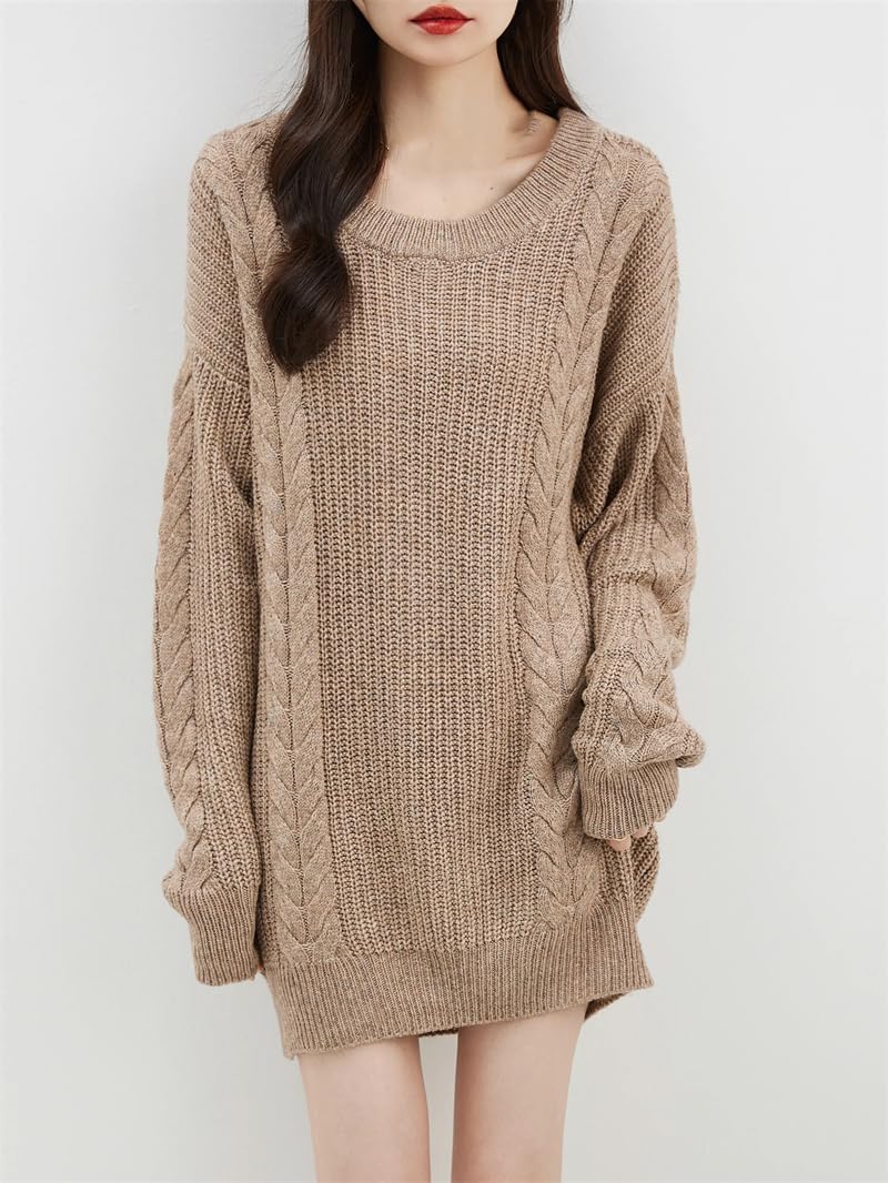 Dninmim Damski sweter z długim rękawem i okrągłym dekoltem dzianinowy oversize ciepły długi sweter sweter top