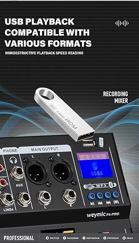 Miniatura 4 de Weymic Mezclador profesional F4-Pro  Mezclador de 4 canales de 2 busescon interfaz de audio USB para grabación DJ Stage Karaoke Music Aplicación