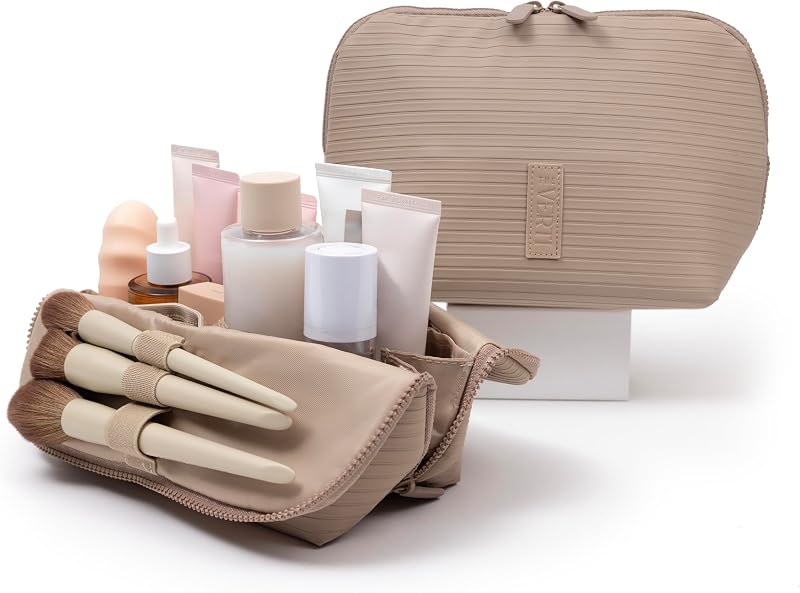Necessaire vertical THE VERTI de maquiagem e higiene, impermeável, com 23 compartimentos ajustáveis, design dobrável, Sandstone, tamanho médio