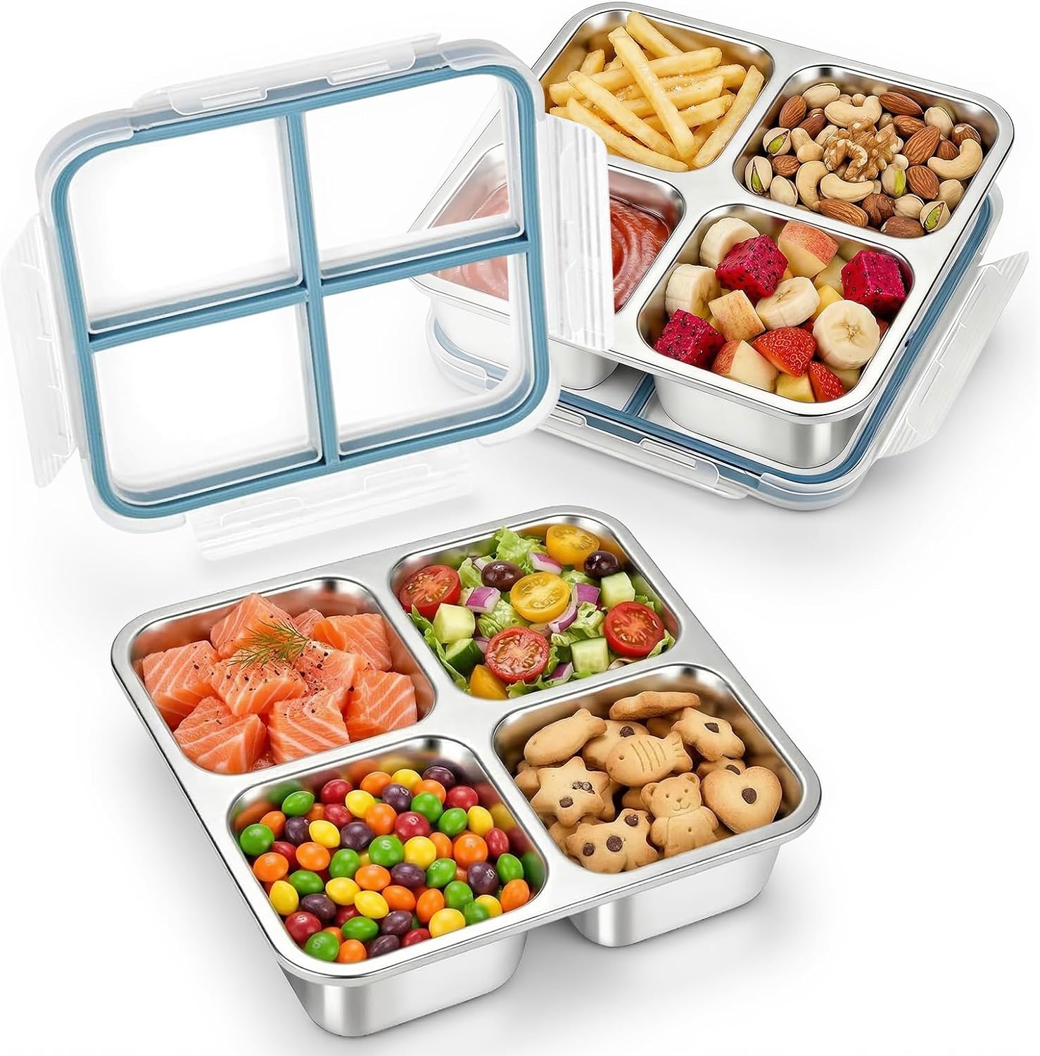 2-Pack Stainless Steel Snack Containers with Lid, 24 Oz 4 Compartment Reusable Snack Box Small Metal Bento Box, Reusable Divided Meal Prep Food Storage Container for Home, Travel, Picnic, Office