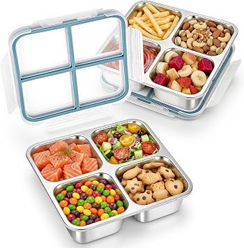 2-Pack Stainless Steel Snack Containers with Lid, 24 Oz 4 Compartment Reusable Snack Box Small Metal Bento Box, Reusable Divided Meal Prep Food Storage Container for Home, Travel, Picnic, Office