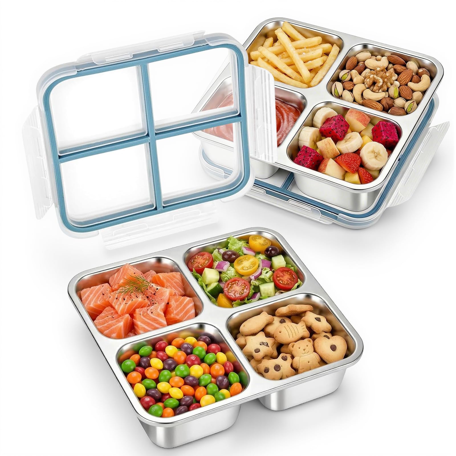 Photo 1 of 2-Pack Stainless Steel Snack Containers with Lid, 24 Oz 4 Compartment Reusable Snack Box Small Metal Bento Box, Reusable Divided Meal Prep Food Storage Container for Home, Travel, Picnic, Office