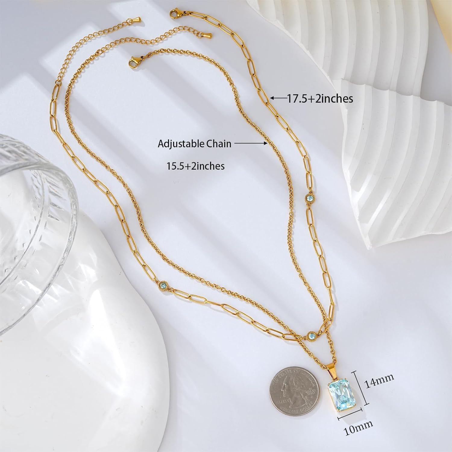 Birthstone Layered Pendant Paperclip Necklace 18k Gold Plated Heart Choker Chain Necklace Emerald Cut Jewelry Birthday Gift for Women
