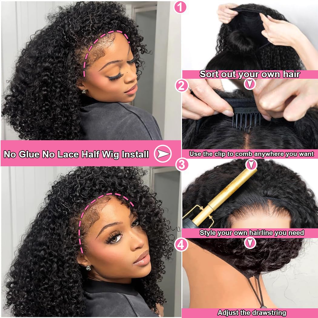 20 Inch Kinky Curly Half Wig Human Hair 200 Density Upgrade 3 In 1 Seamless Flip Over Half Drawstring Wigs Human Hair Glueless Wear And Go Beginner Friendly Glueless Wigs Human Hair For Black Women