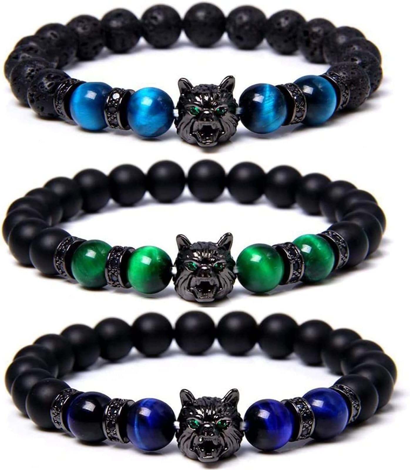 3Pcs Save A Wolf Bracelet,Wolf Head Lava Rock Bracelet,Healing Crystal Stress Relief Anti Anxiety Energy Stone Beaded Bracelet,Adjustable Bracelet for Men (Set)