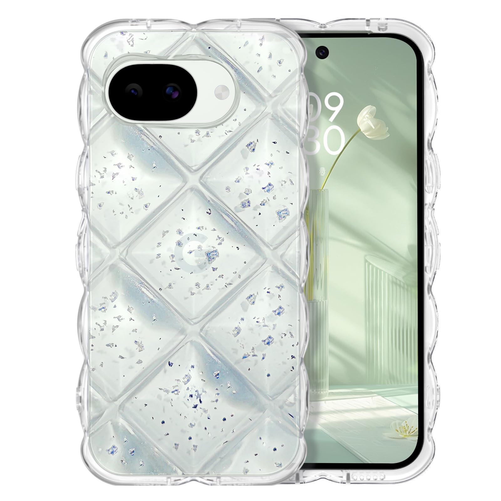 GUAGUA Google Pixe 10A ケース クリア ウェーブ 菱形バック ピクセル 10a なみなみ ケース 透明TPU キラキラ 凸凹 アルミ箔シルバー 可愛い 韓国 人気 スマホケース Pixe10a 耐衝撃 超軽量 おしゃれ グーグル ピクセル 10a うねうね カバー（クリア 透明 銀箔 ）