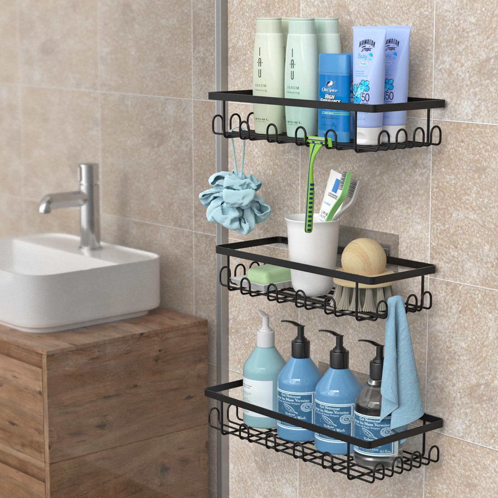 Kitsure Lot De 2 Étagères De Douche Sans Perçage - Rangement Salle De Bain Noir 11,7 X 29,9 X 5,5 Cm