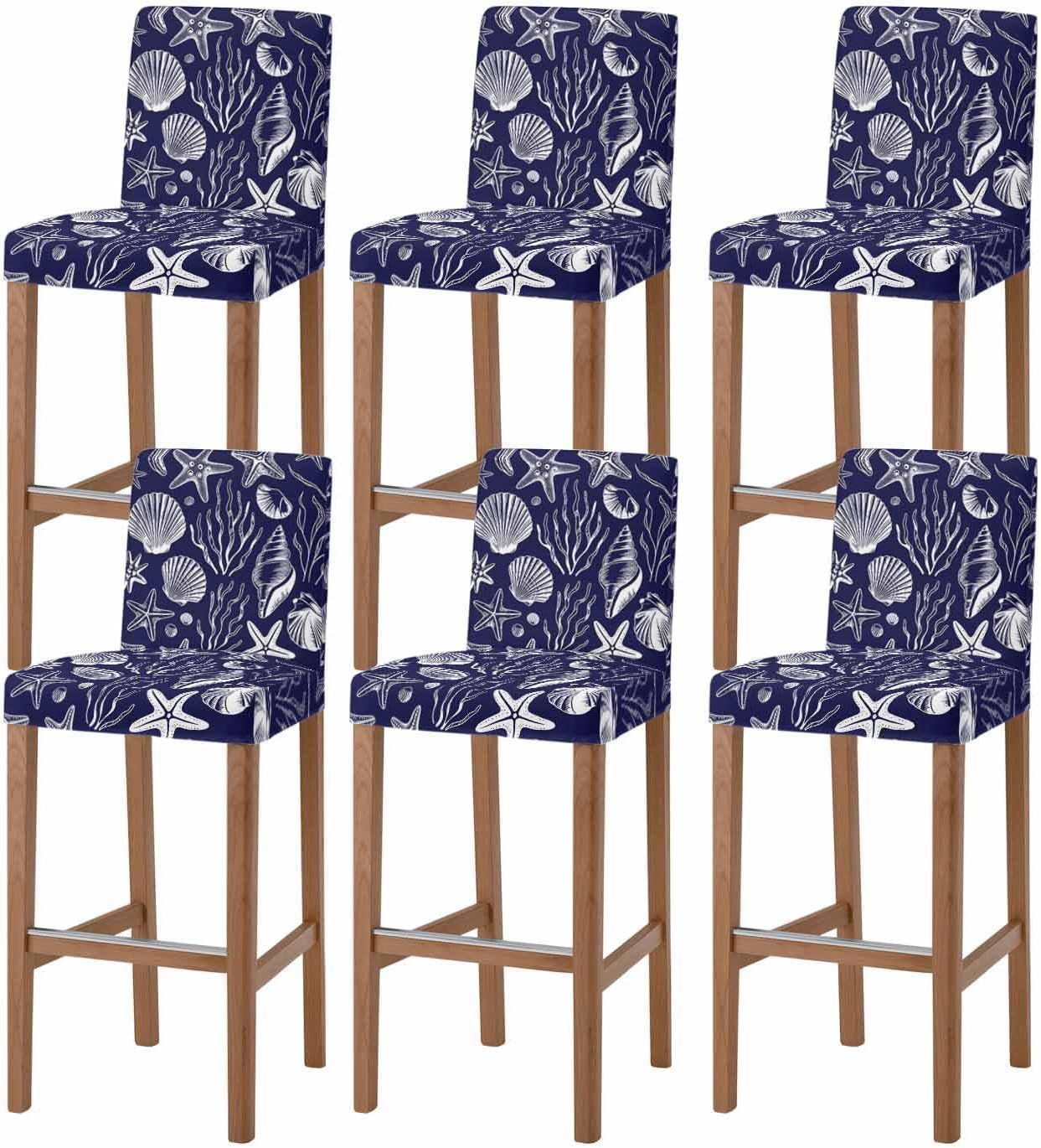 Navy Blue Coastal Bar Stool Covers Set of 4, Summer Beach Ocean Coral Shell Rustic Stretch Washable Bar Chair Covers with Backs, Removable Pub Counter Height Chair Cover for Kitchen Dining Room Cafe