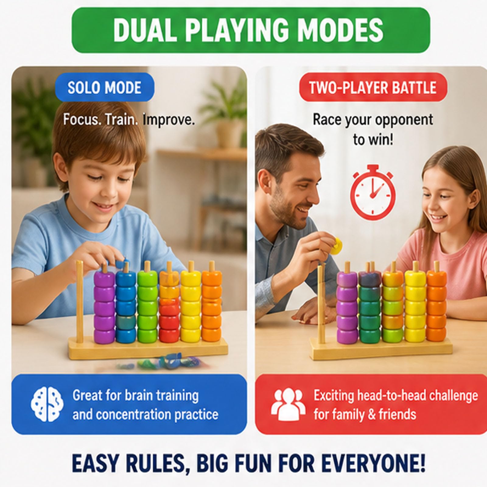 Juego de Rompecabezas de apilamiento y combinación de Colores — Desafío de Madera con Soportes y Anillas — Reto de apilamiento rápido — Acertijo de Mesa para una diversión Familiar y Entre Amigo 2PCS