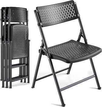 4-Pack Black Folding Chairs, Mesh Plastic Seat with Steel Frame, 400 lbs Capacity, Non-Slip Pads, Easy Clean for Indoor/Outdoor Weddings, Patios & Card Tables