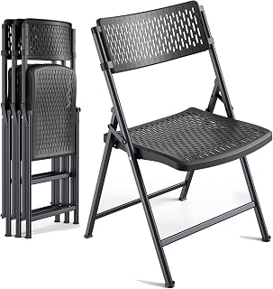 4-Pack Black Folding Chairs, Mesh Plastic Seat with Steel Frame, 400 lbs Capacity, Non-Slip Pads, Easy Clean for Indoor/Outdoor Weddings, Patios & Card Tables