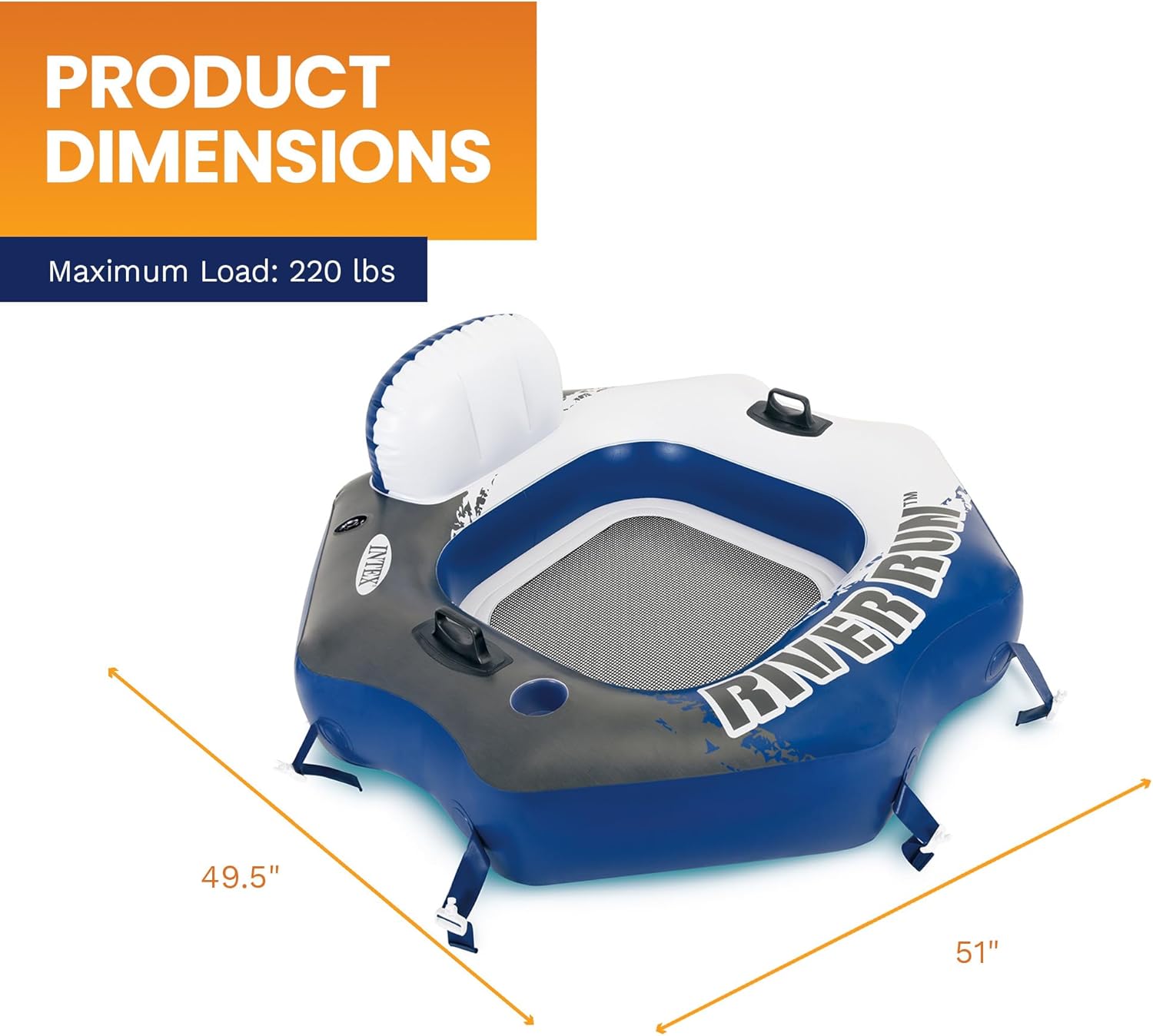 INTEX 58854EP River Run Connect Inflatable Floating Lounge: Comfortable Backrest – Built-in Cup Holder – Durable Grab Handles – Easy-to-Use Connectors – 220lb Weight Capacity