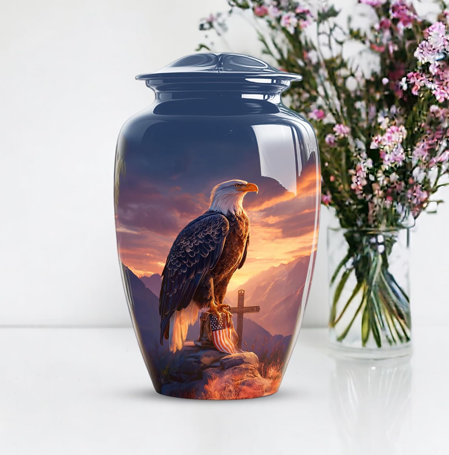 American Eagle Cremation Urn for Ashes Adult Male Dad - Large Urns for Human Ashes Adult Man - Decorative Cross Urns for Women - Sunset Urn for Human Remains (Size:- 10 Inch)