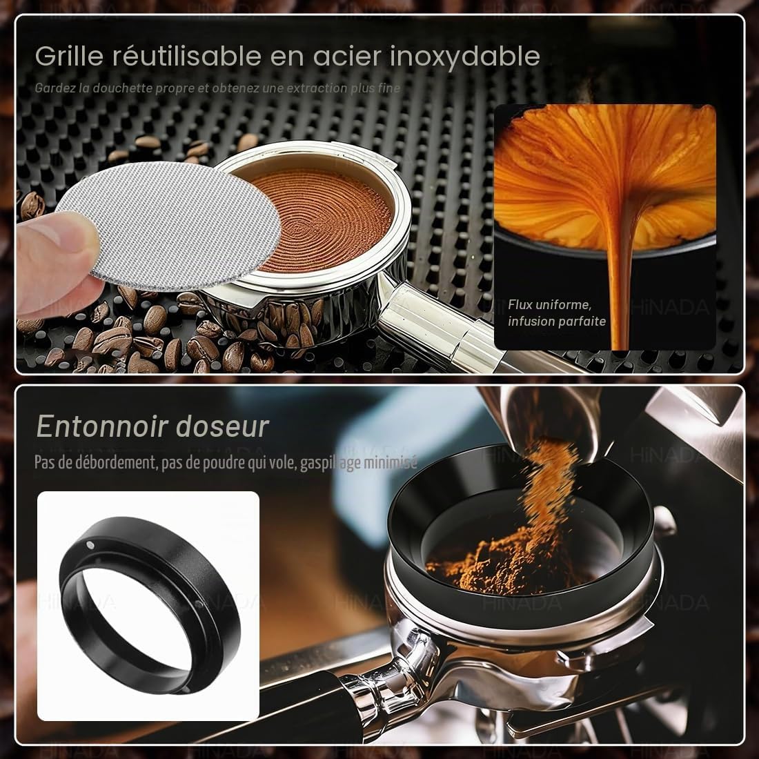 HiNADA Kit d’Accessoires pour Espresso, Tasseur à Café 51 mm avec Support de Tassage, Niveleur, Outil WDT, Anneau Doseur, Brosse de Nettoyage, Filtre à Café (51 mm)
