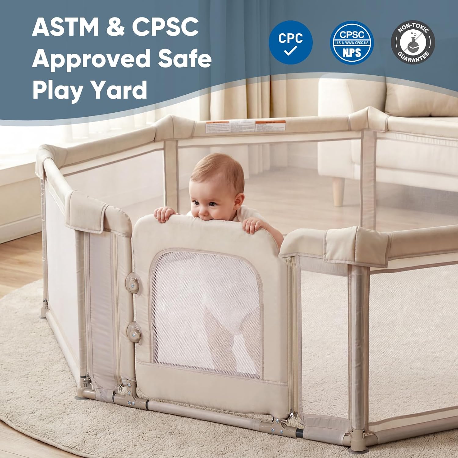 Foldable Baby Playpen with Double Door,Playpen for Babies and Toddler Play Yard with Breathable Mesh, Baby Fence Play Area for Indoor & Outdoor,71x79x24in,Light Khaki