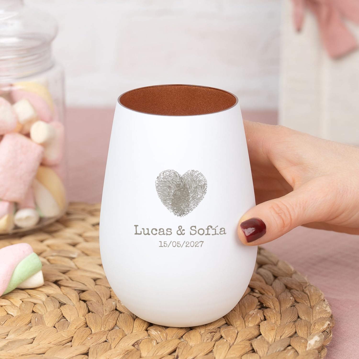 Wanapix | Portacandele inciso | Vetro personalizzato | Candela inclusa | Lampada a candela regalo originale | Disponibile in bianco o nero | Impronta digitale