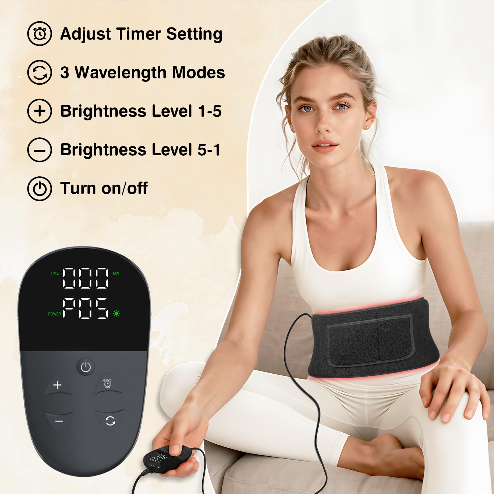 Ceinture lampe à lumière rouge 105 LED, 660 nm & 850 nm infrarouge, 3 modes, minuterie 10/20/30 min, 5 niveaux de luminosité, ceinture lumineuse pour dos, épaules et articulations