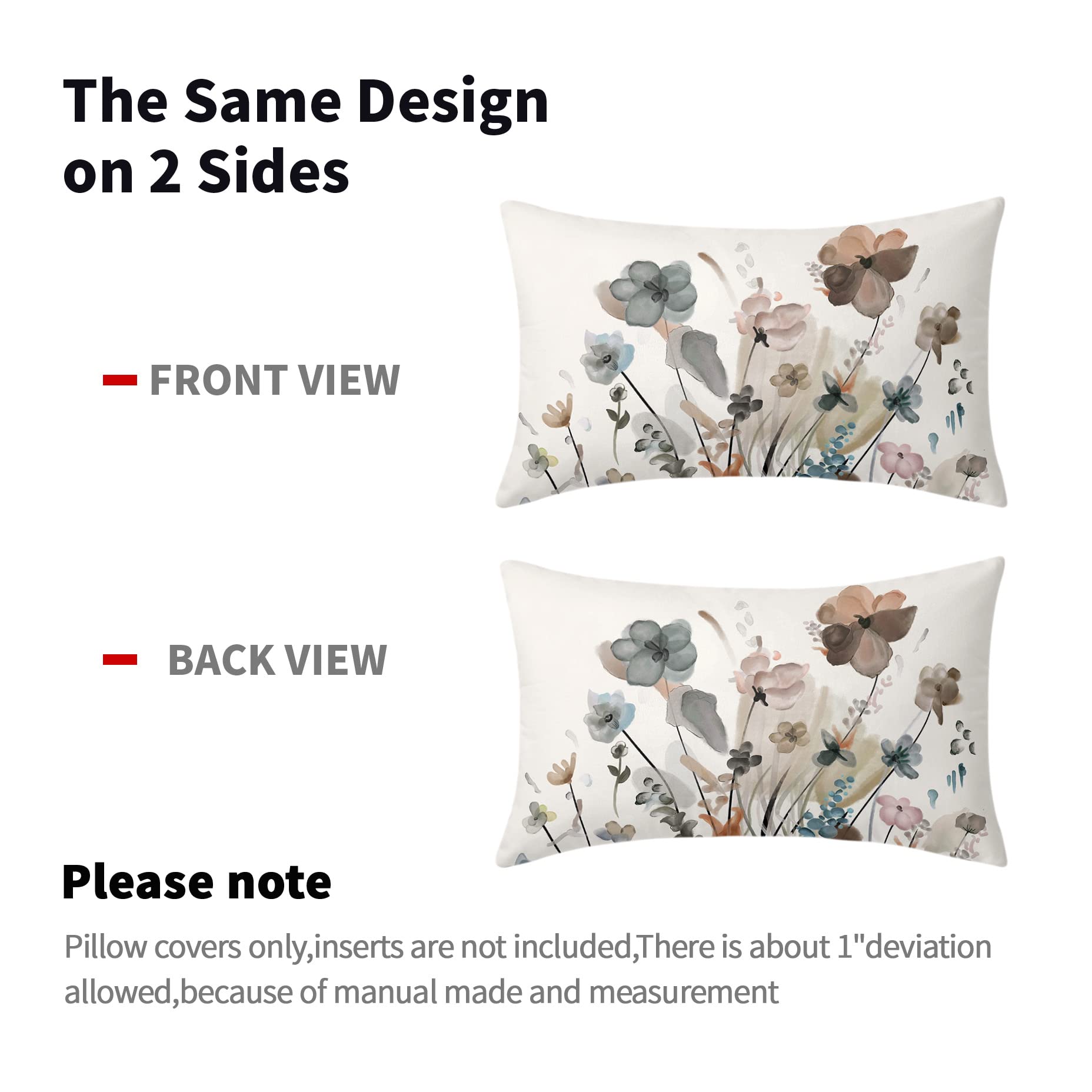 Juego de 2 fundas de almohada lumbares de 12 x 20 pulgadas, acuarela, marrón, gris, beige, flores, rectangulares, rústicas, abstractas, modernas, decoración del hogar para sala de estar, sofá, sofá
