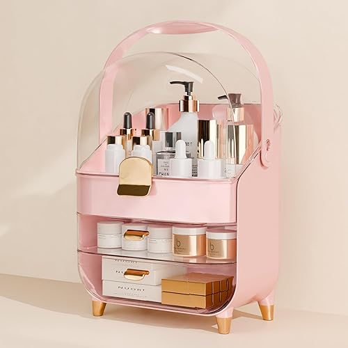 Miniatura 6 de Organizador de maquillaje para encimera con tapa y cajones, grande, caja expositora de cosméticos para el cuidado de la piel, soporte para tocador