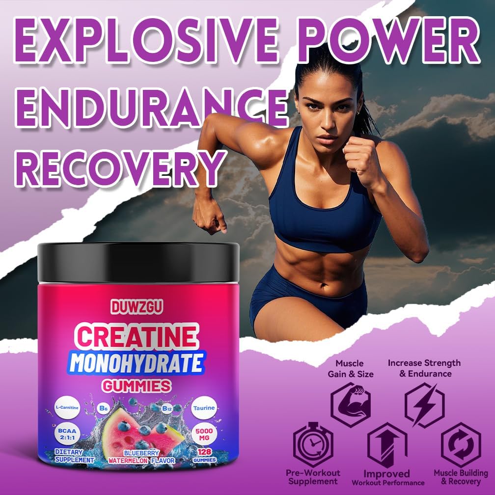 Creatine Monohydrate Gummies 5000mg for Men & Women, Chewables Creatine Monohydrate for Muscle Strength, Muscle Builder, Energy Boost, Pre-Workout Supplement Blueberry & Watermelon Flavor– 128 Gummies - Image 5