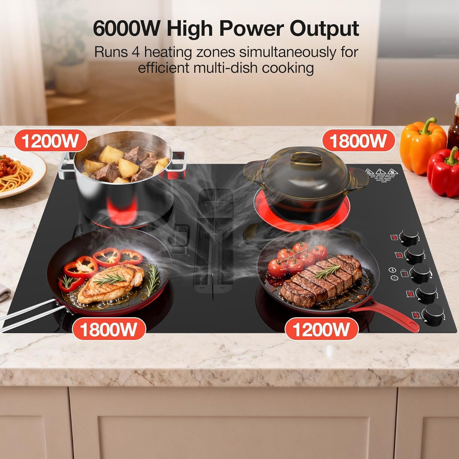 30" Electric Cooktop with Downdraft – 4 Burner 6000W Built-in Electric Stove, BBQ Bridge Burner, Timer, Safety Lock, Recirculating Vent (220V-240V)