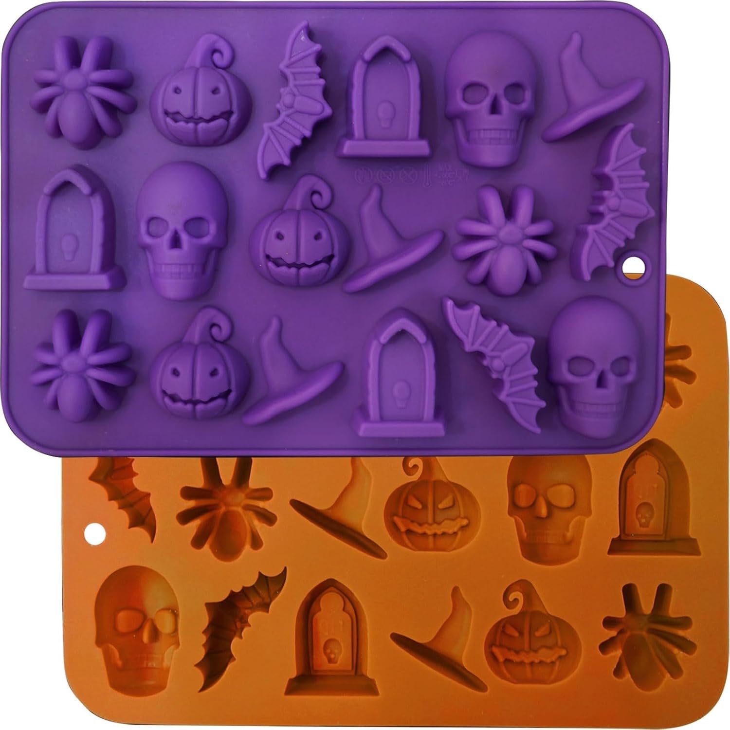 Halloween Molds Silicone for Chocolate 2 Pack, 3D Halloween Chocolate Candy Gummy Mold Skull Pumpkin Bat Ghost Witch Hat Spider tombstone Shapes Mold