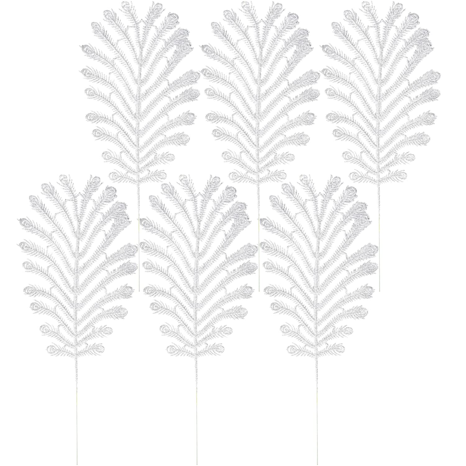 Geviro 6 Pieces Christmas Glitter Leaves Tree Branch DIY Christmas Tree Pendant Wedding Party Xmas Wreath Décor (Silver)