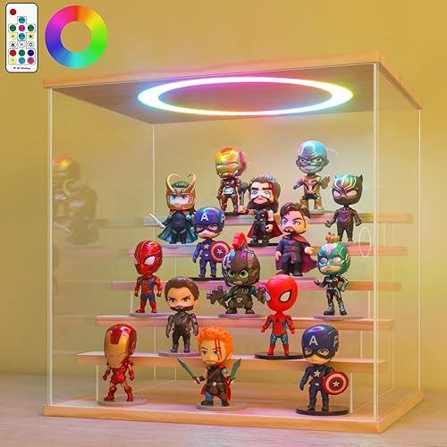 Miniatura 10 de LANSCOERY Vitrina de acrílico transparente con luz, montaje de 6 niveles con base de madera, escaparate de protección a prueba de polvo para figuras