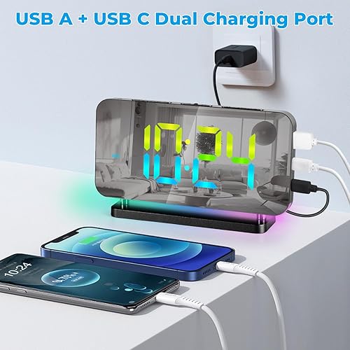 Miniatura 5 de Poeroa Reloj despertador digital, reloj LED RGB de 7.4 pulgadas con luz nocturna, puerto de carga USB C, atenuación automática, reloj de espejo