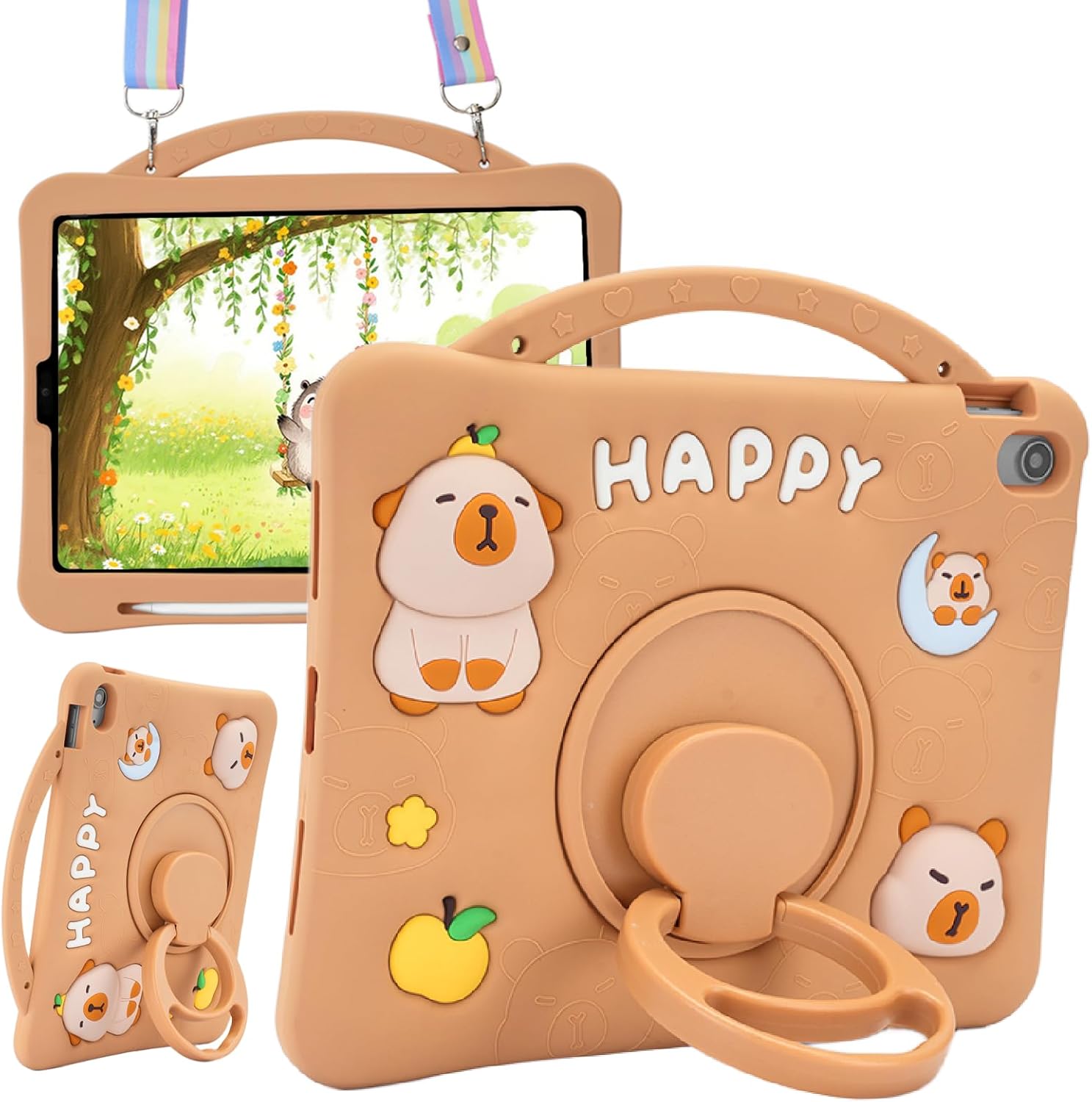 Capybara Kids Case for iPad mini 7 A17 Pro Case for iPad mini 7th/6th Generation - 3D Cute Shockproof Silicone Cover for Girls Teens with 360° Rotating Stand, Adjustable Strap, Pencil Holder - Brown