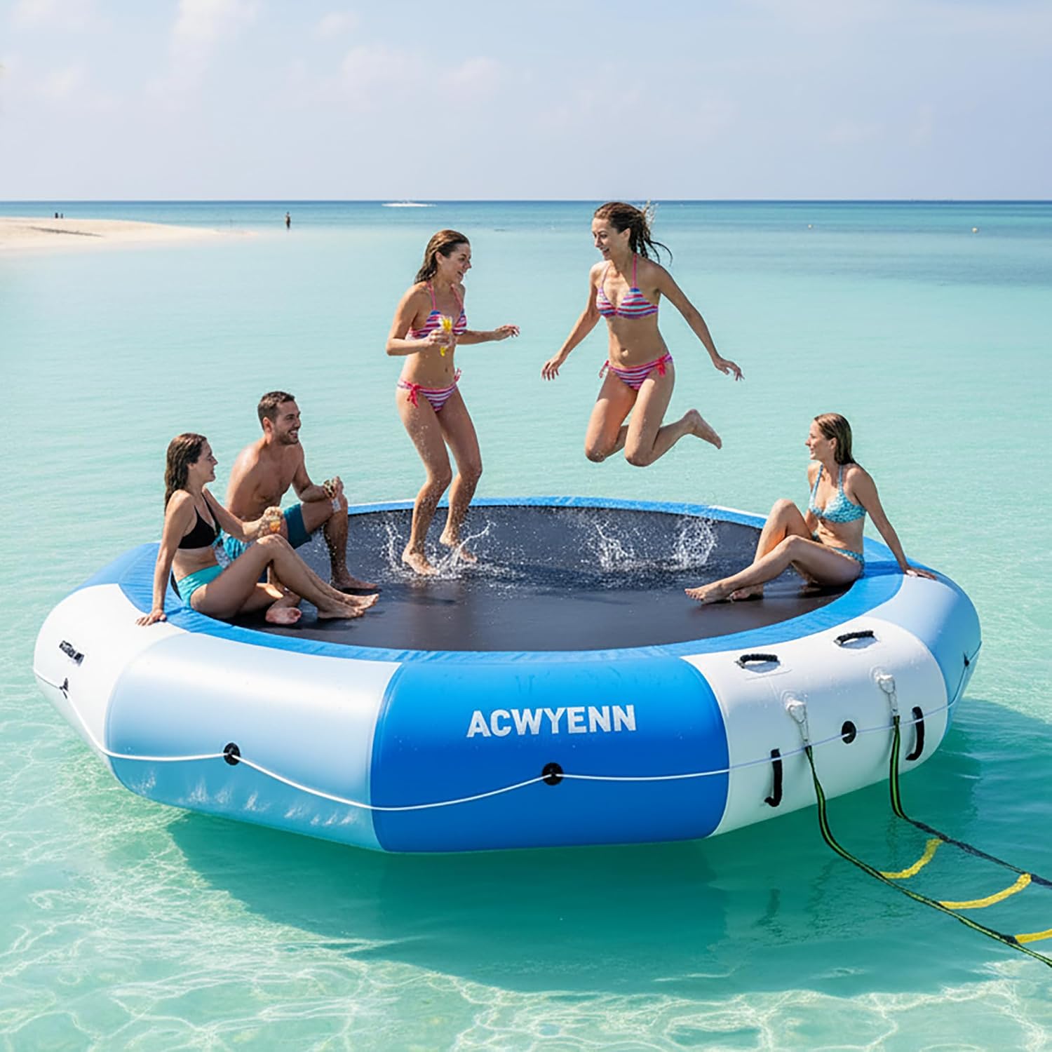 10/12/15FT Inflatable Water Trampoline for Lake Without Pump Blue | Floating Water Trampoline with Rope Ladder and Mooring Ropes