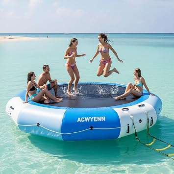 10/12/15FT Inflatable Water Trampoline for Lake, Floating Water Trampoline with Rope Ladder and Mooring Ropes Without Pump Blue