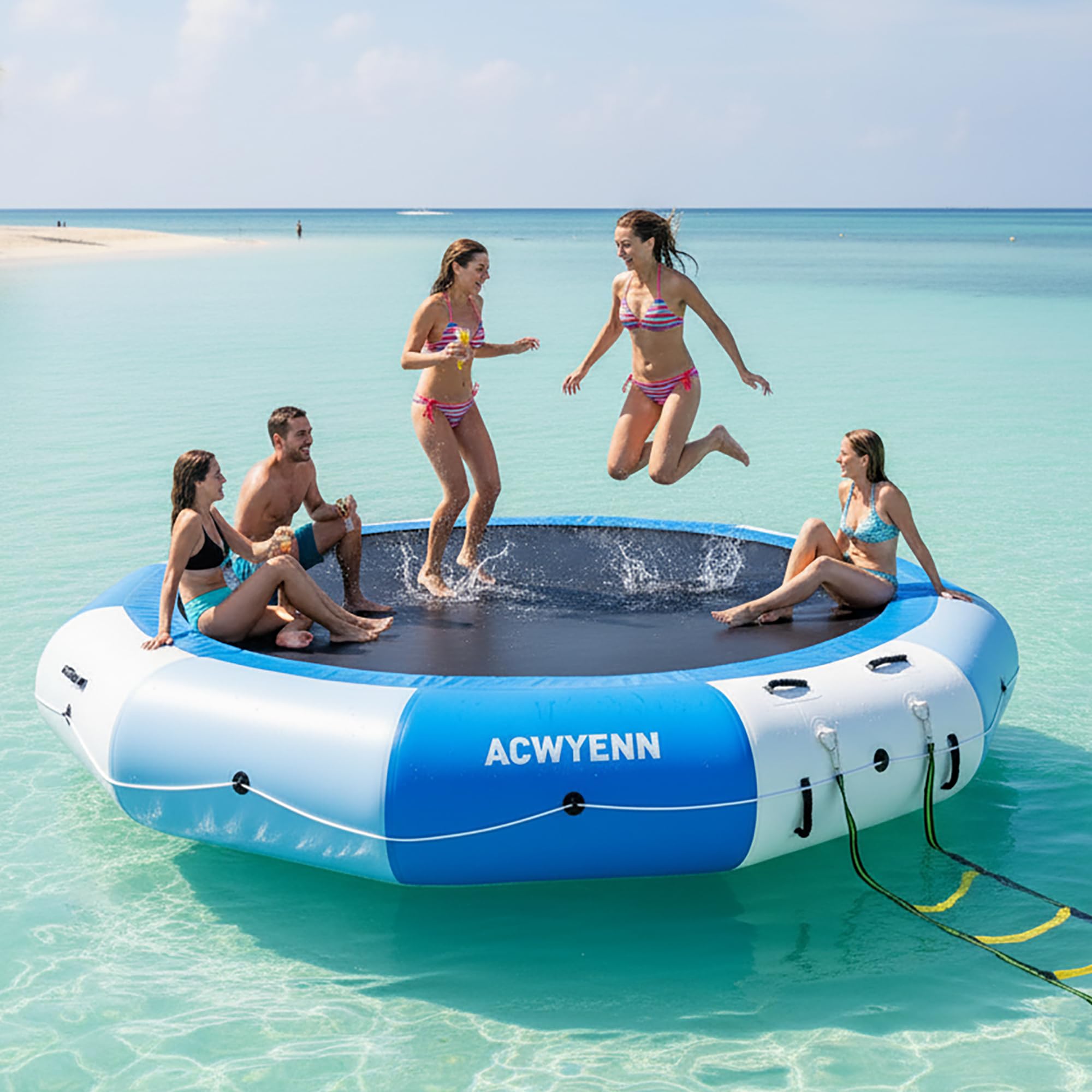 Photo 1 of ACWYENN 10/12/15FT Inflatable Water Trampoline for Lake, Floating Water Trampoline with Rope Ladder and Mooring Ropes Without Pump Blue (15FT Blue-White)