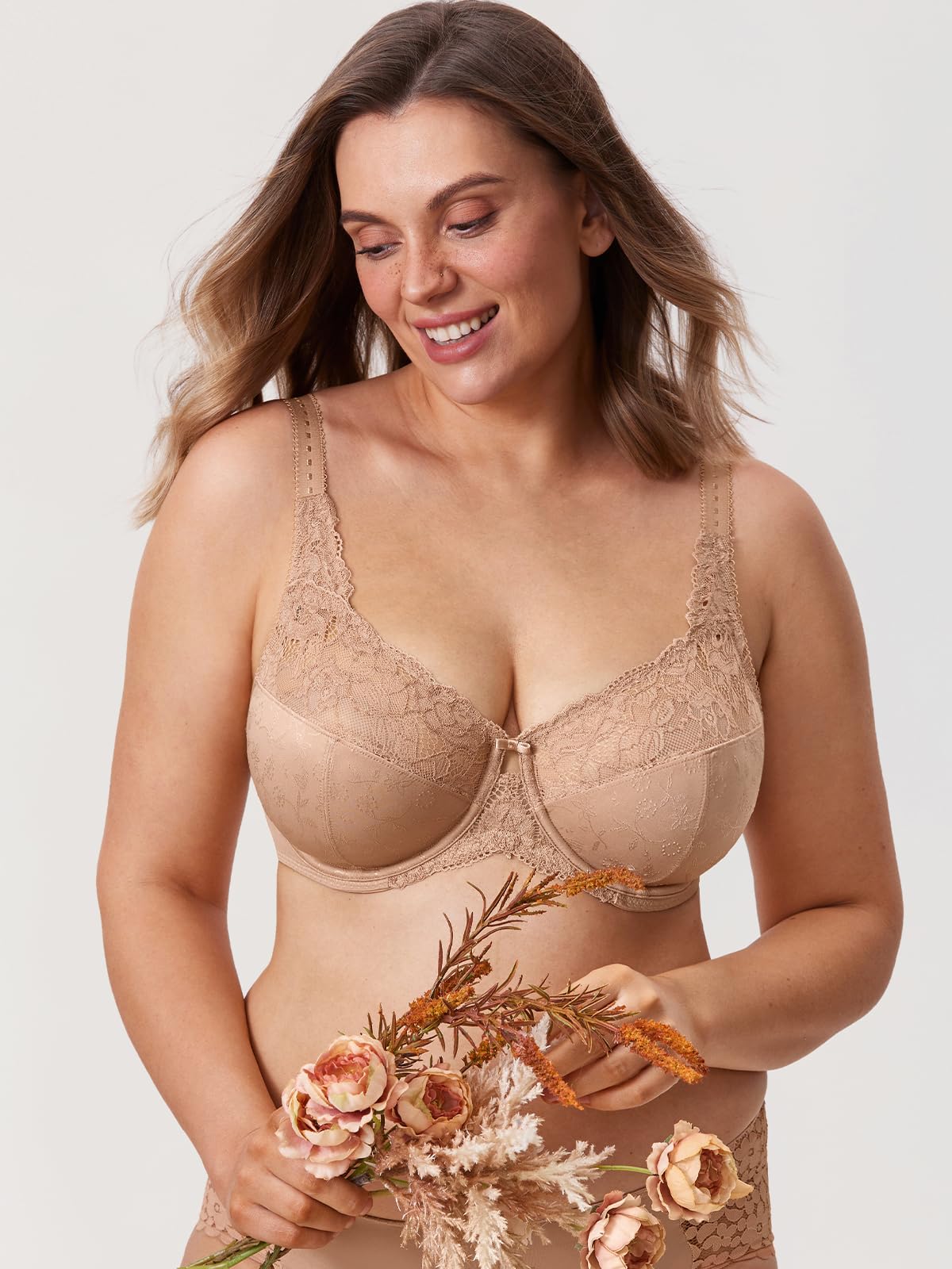 DELIMIRA Damski biustonosz plus size pełne pokrycie fiszbiny bez podszewki minimalizujący koronkowy biustonosz