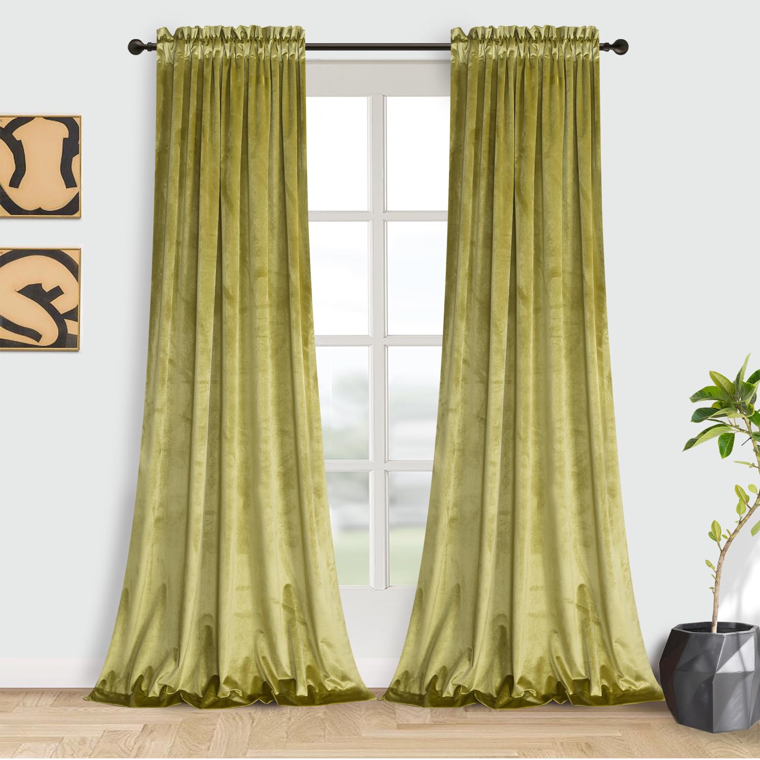 Roslynwood Velvet Curtain Panels Cyan Yellow Room Darkening Window Super Soft Luxury Drapes for Bedroom Thermal Insulated Rod Pocket Curtain for Living Room (2 Panels, 52 by 63 Inch) โ image 1