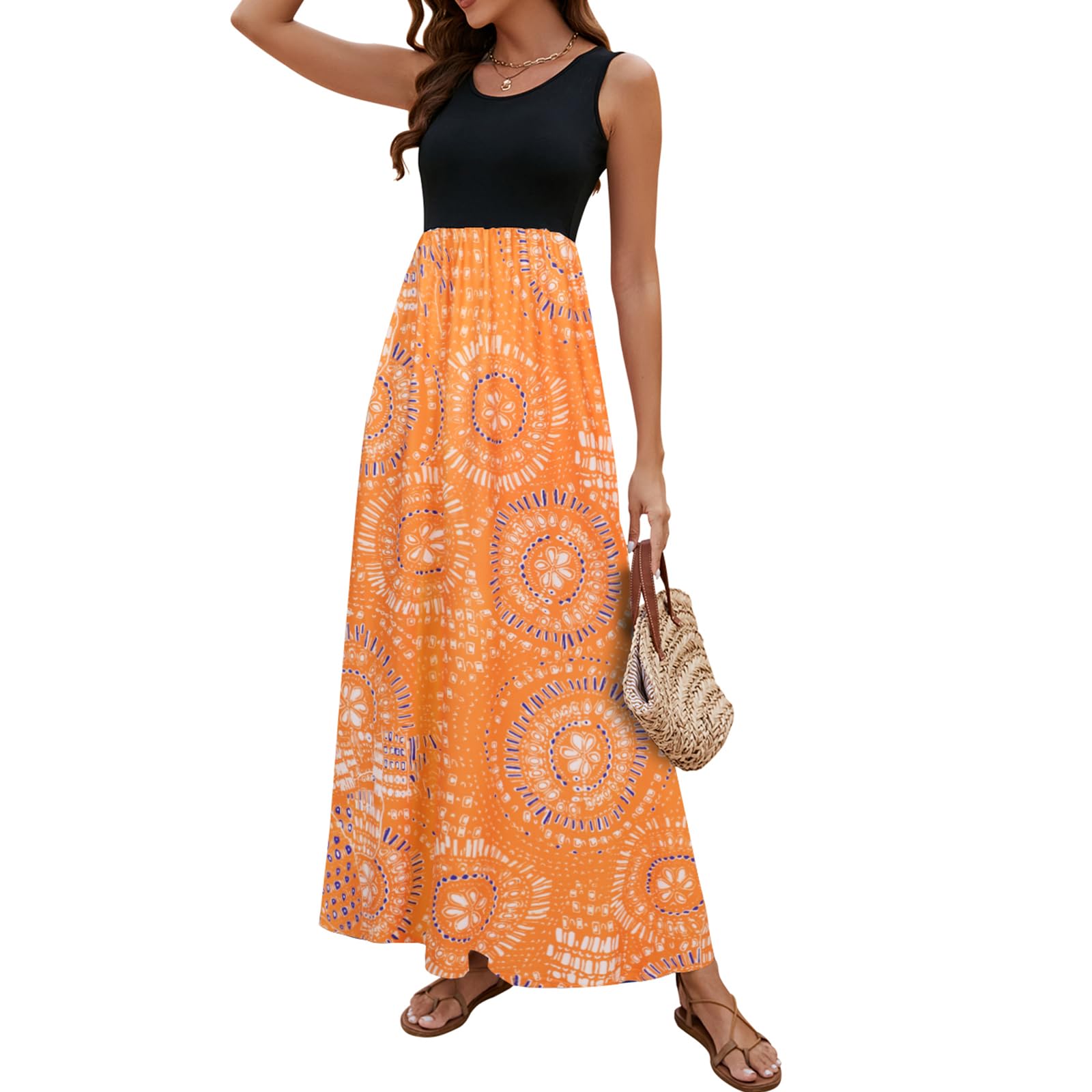 Sherosa Women Boho Chevron Striped Floral Printed Summer Sleeveless Tank Long Maxi Party Dress